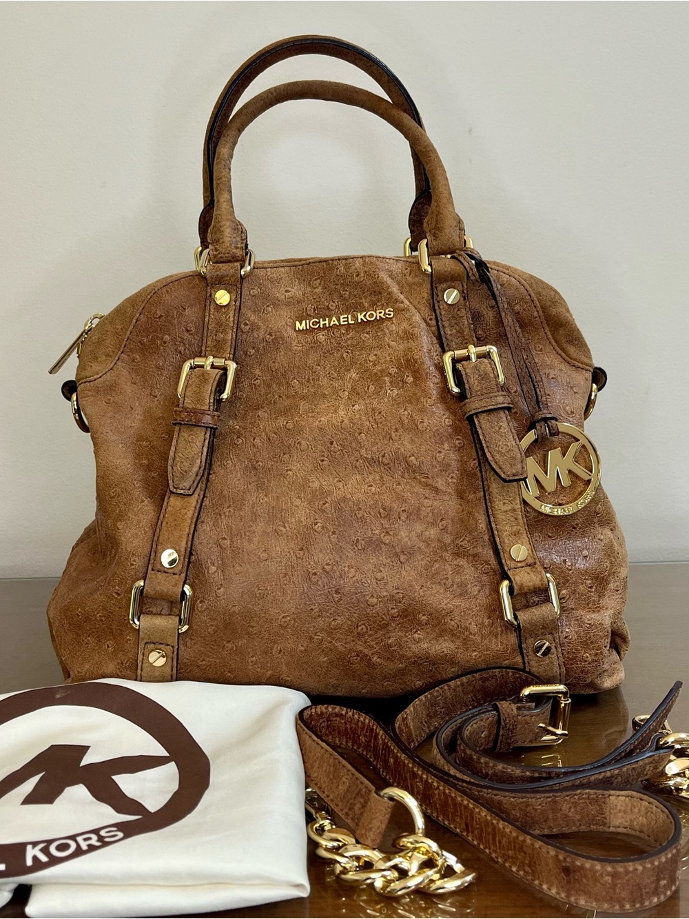 Michael Kors Bedford Ostrich Leather Handbag Large Satchel, w/Dust Bag & Strap